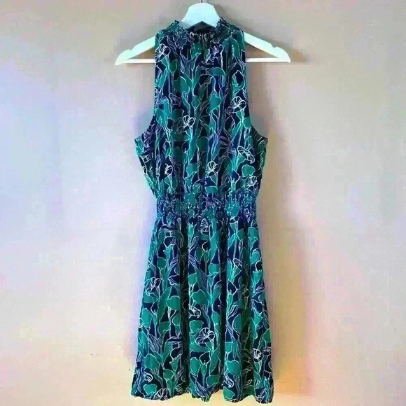 A New Day Sleeveless Midi Dress Sz Small Black Green Tropical Halter Mock Neck - Picture 2 of 10